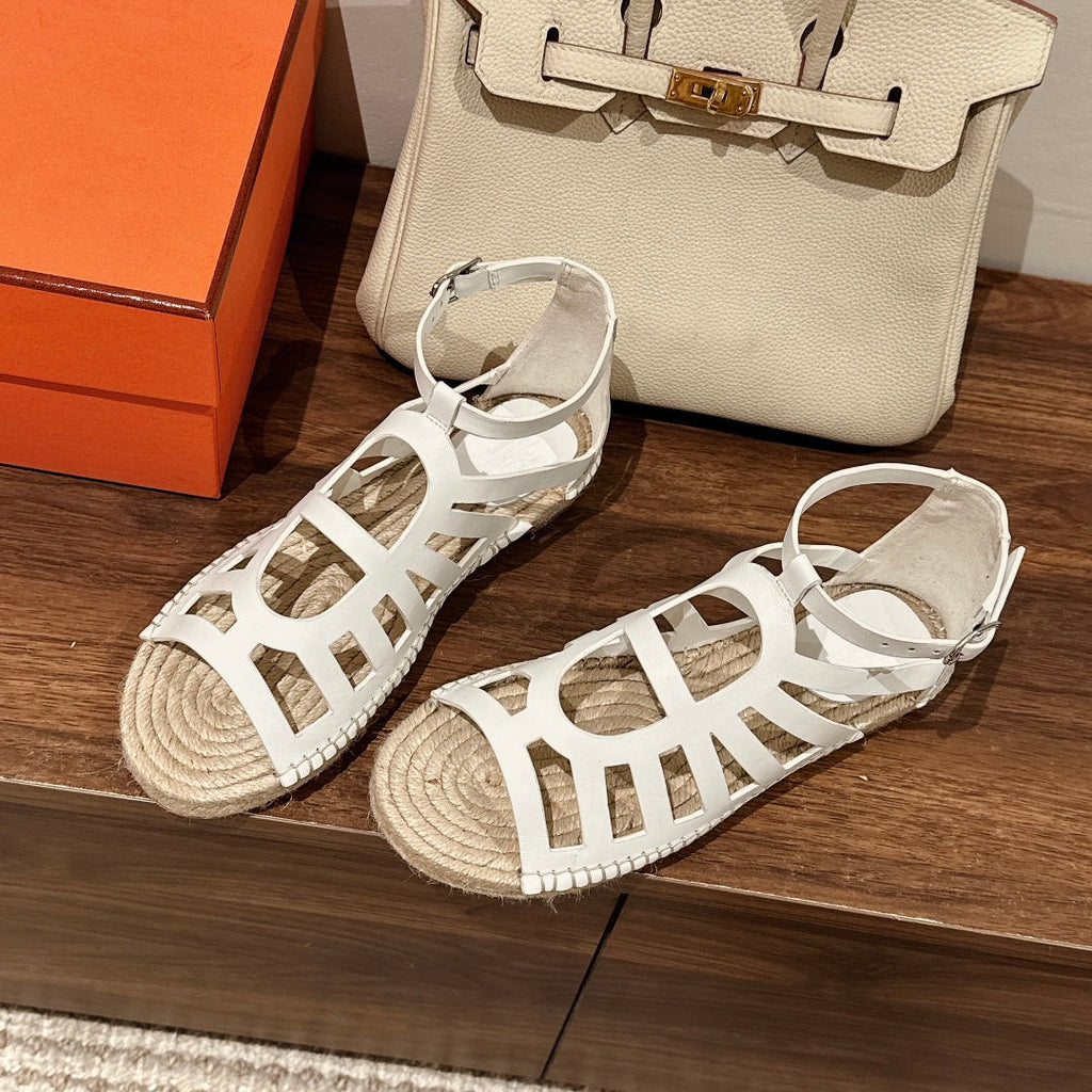 HERMES STRAW SOLE SANDAL WHITE LAMBSKIN