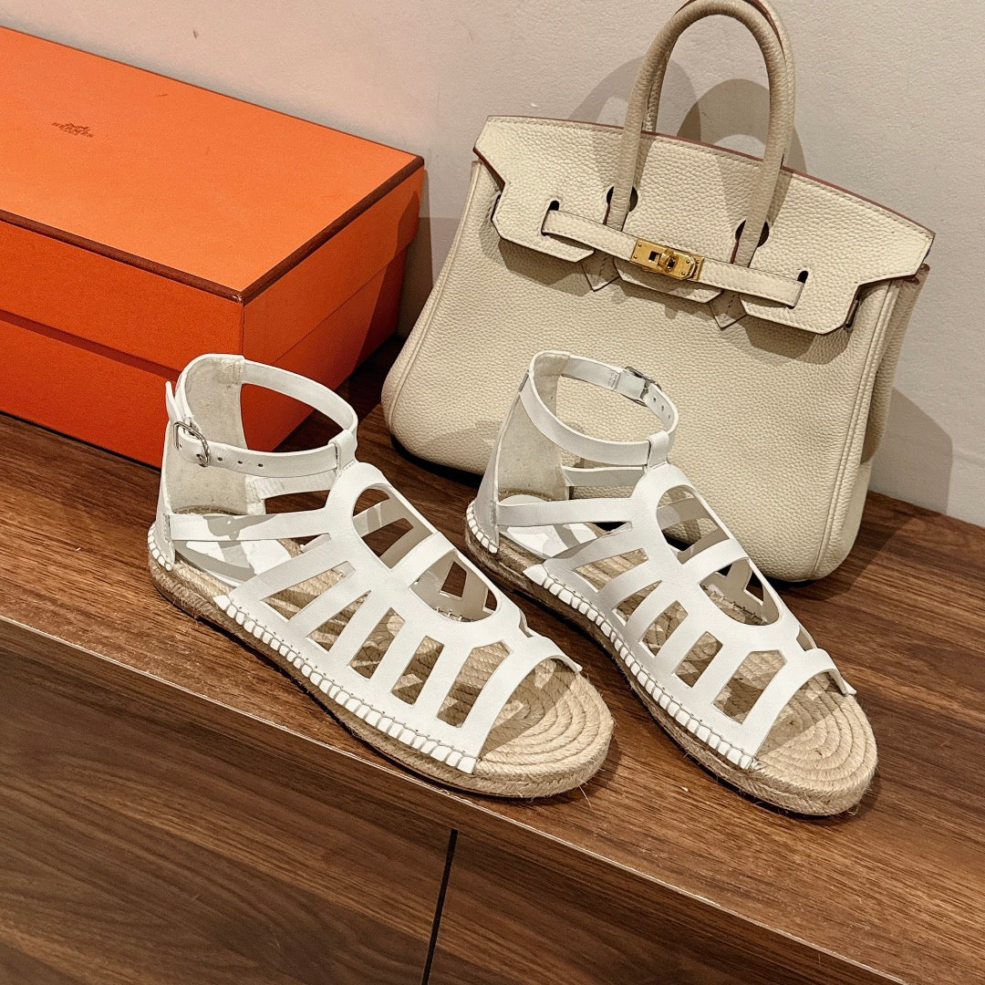 HERMES STRAW SOLE SANDAL WHITE LAMBSKIN