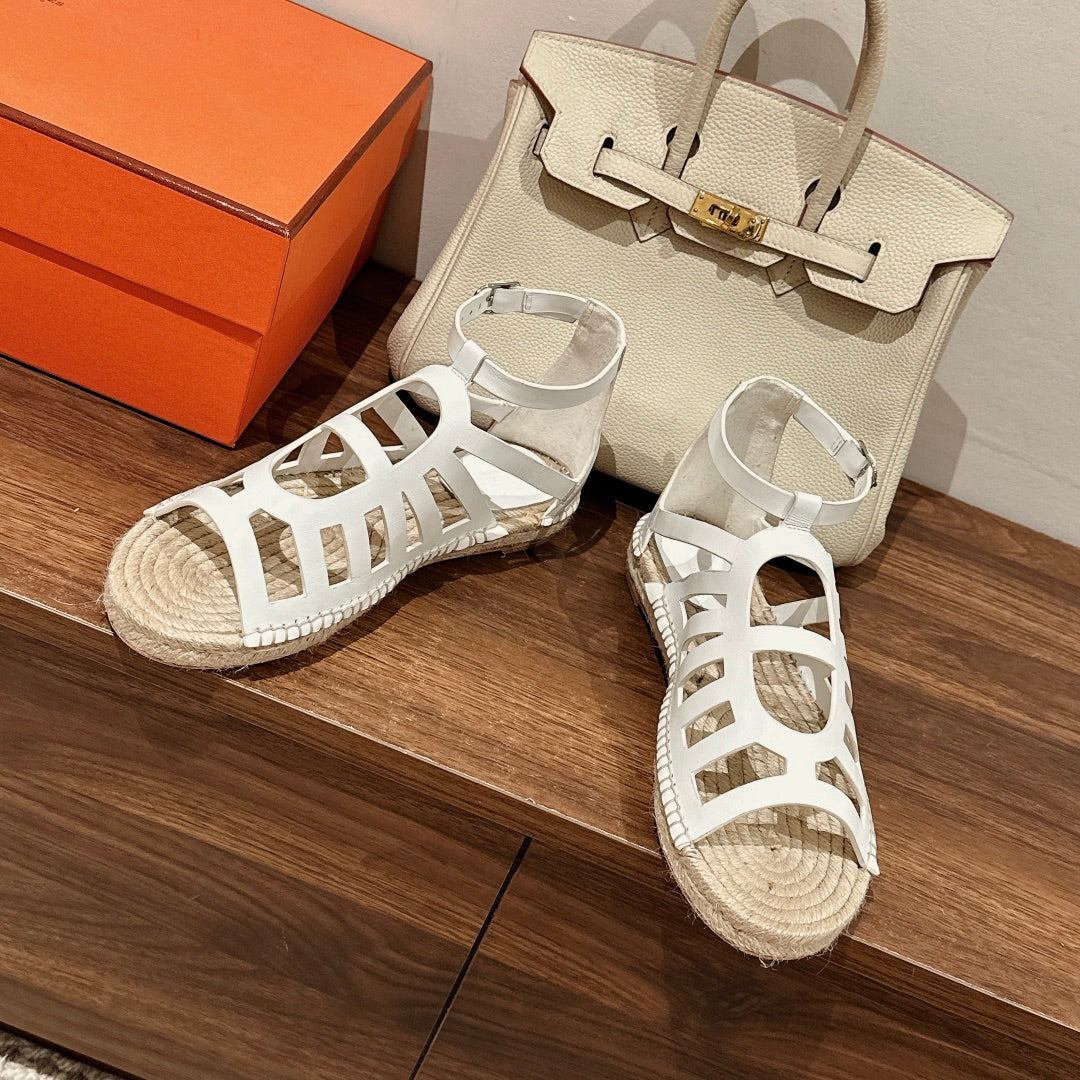 HERMES STRAW SOLE SANDAL WHITE LAMBSKIN