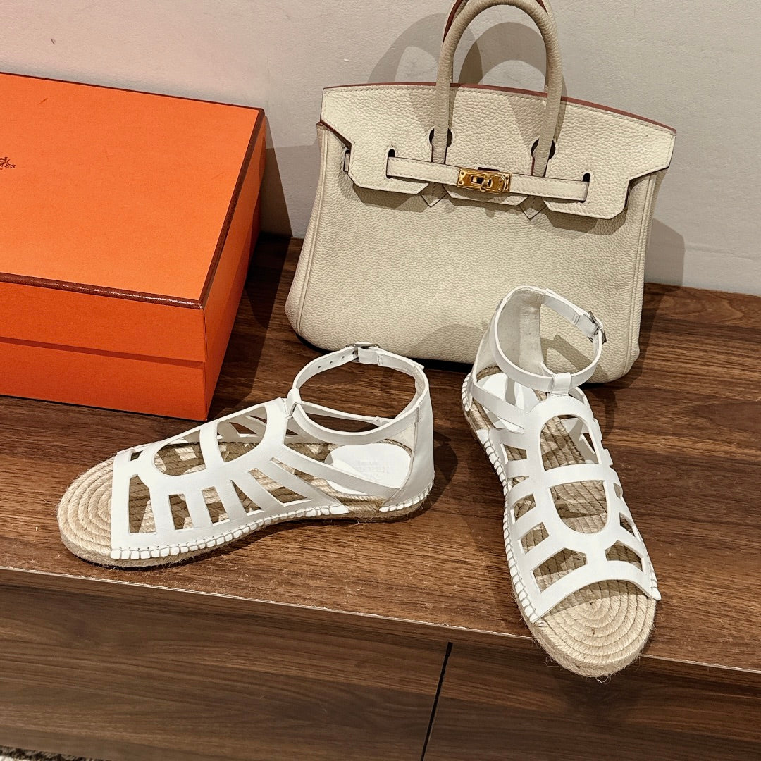HERMES STRAW SOLE SANDAL WHITE LAMBSKIN