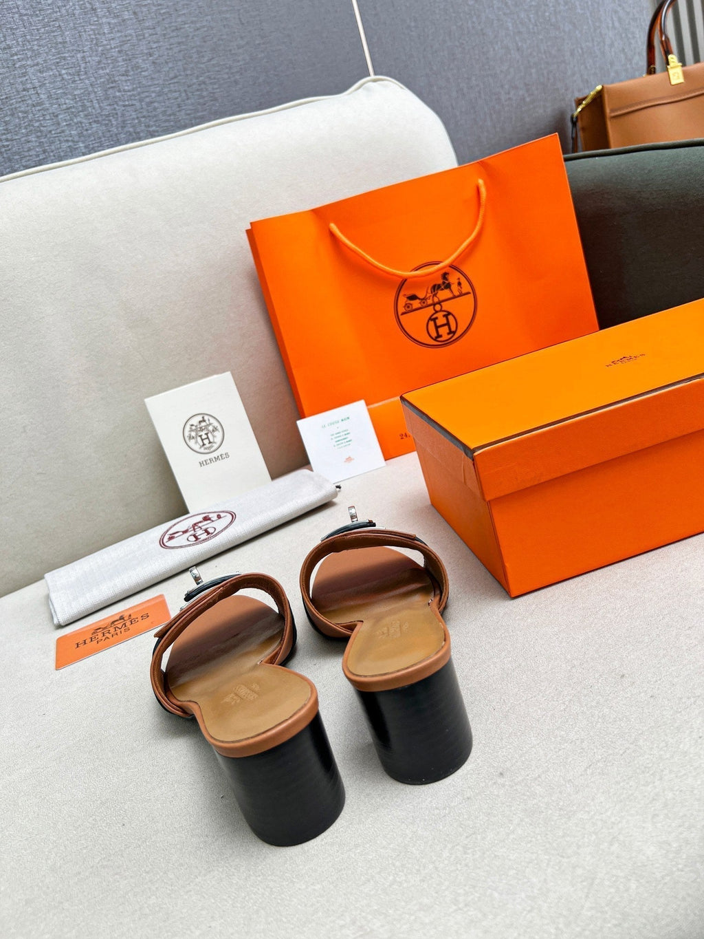 HERMES Gigi 50 Sandal Tan Black Calfskin