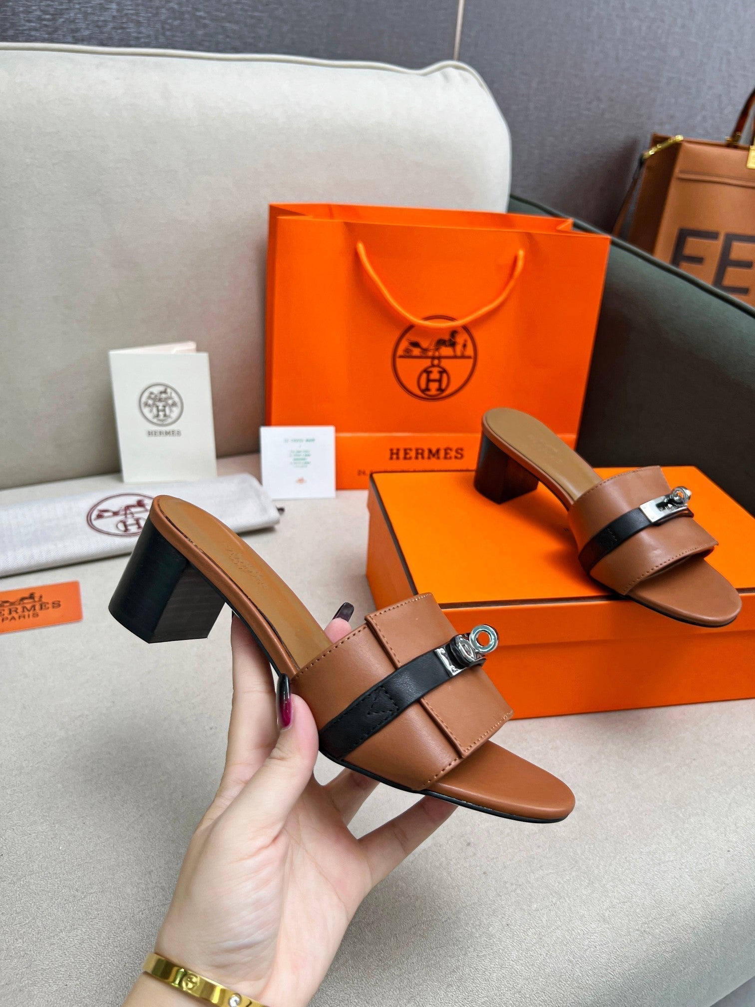 HERMES Gigi 50 Sandal Tan Black Calfskin