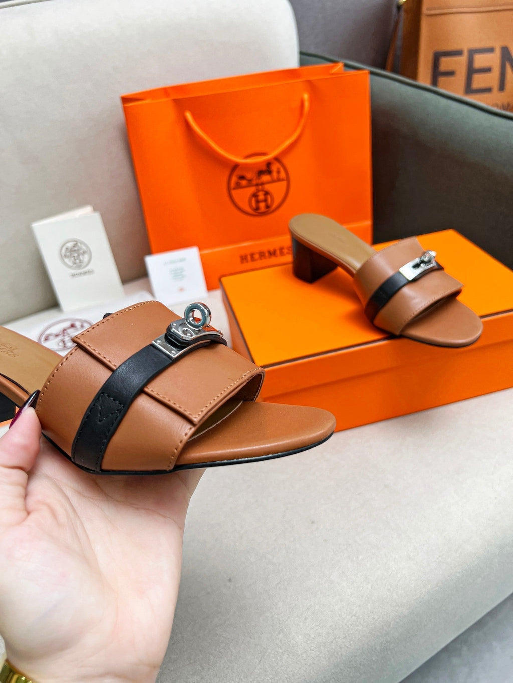 HERMES Gigi 50 Sandal Tan Black Calfskin
