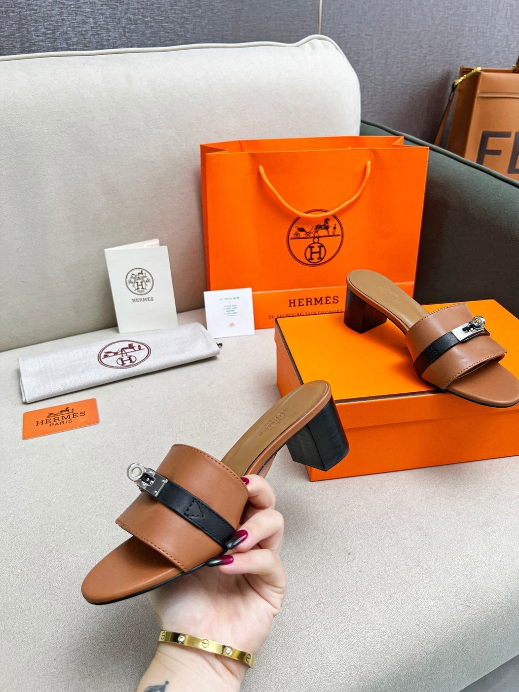 HERMES Gigi 50 Sandal Tan Black Calfskin