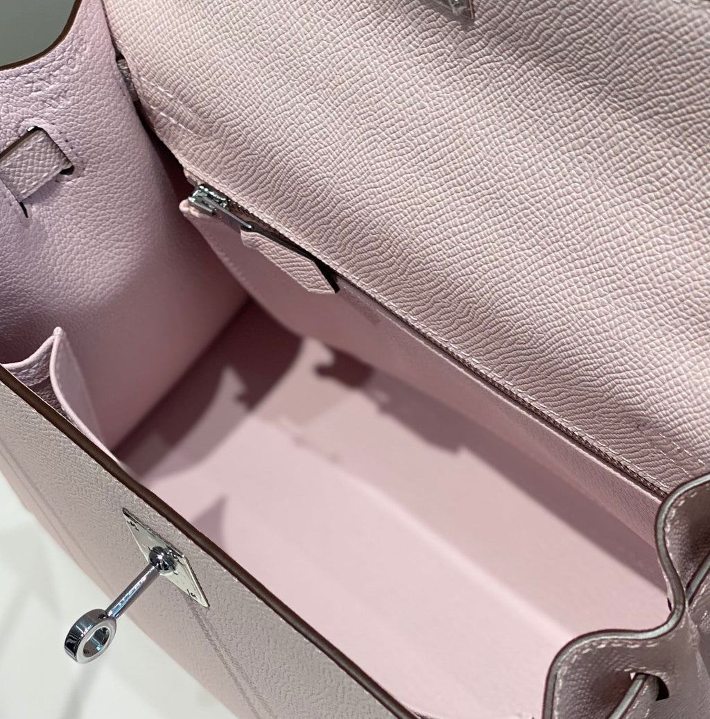 HERMES KELLY 25CM IN EPSOM MAUVE SWIFT CALFSKIN SILVER HARDWARE