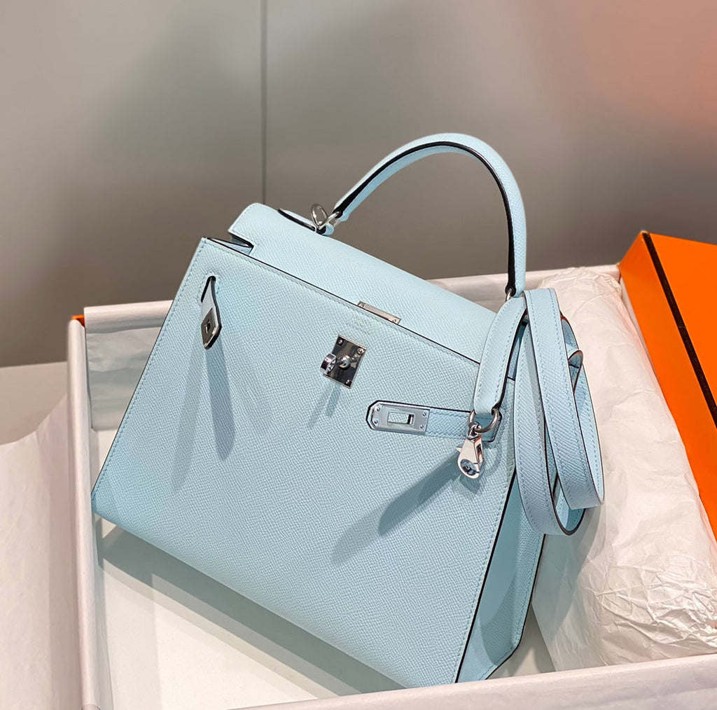 HERMES KELLY 25CM IN BLUE BRUME EPSOM CALFSKIN PALLADIUM HARDWARE