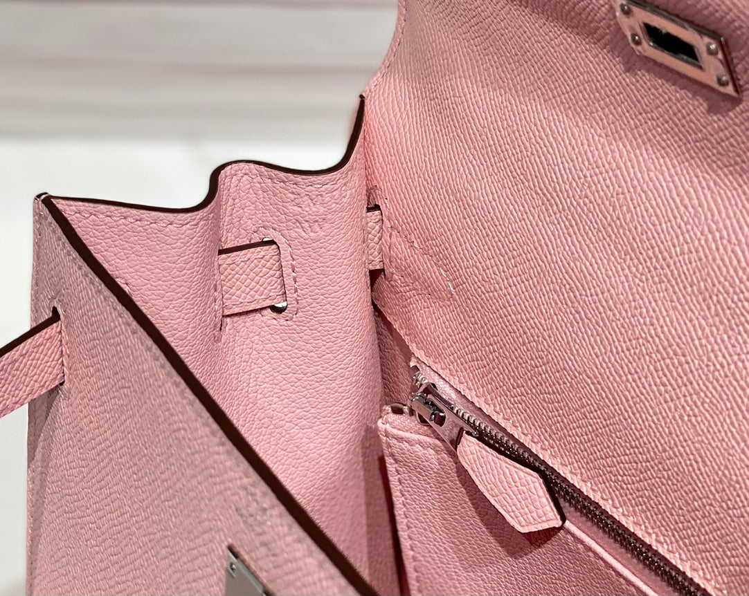 HERMES KELLY 25CM IN ROSE SAKURA SWIFT CALFSKIN SILVER HARDWARE