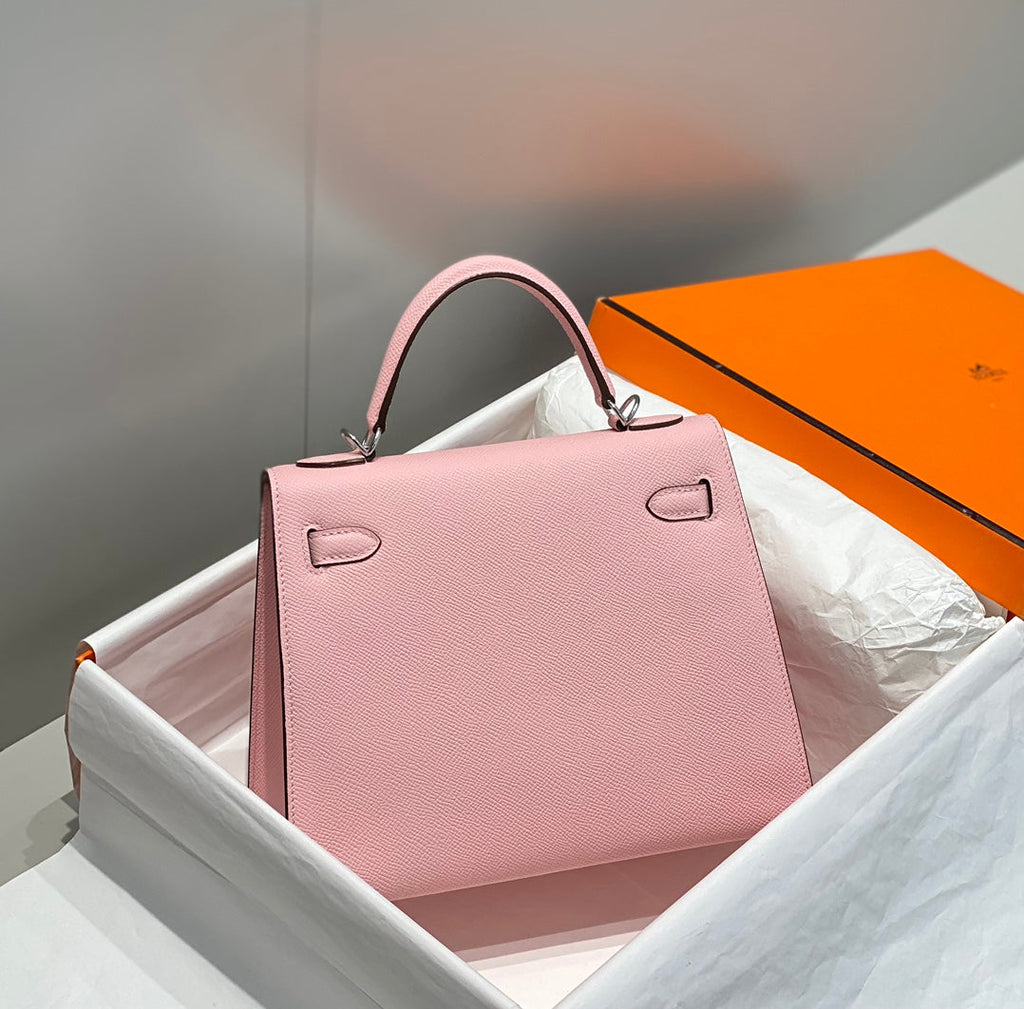 HERMES KELLY 25CM IN ROSE SAKURA SWIFT CALFSKIN SILVER HARDWARE