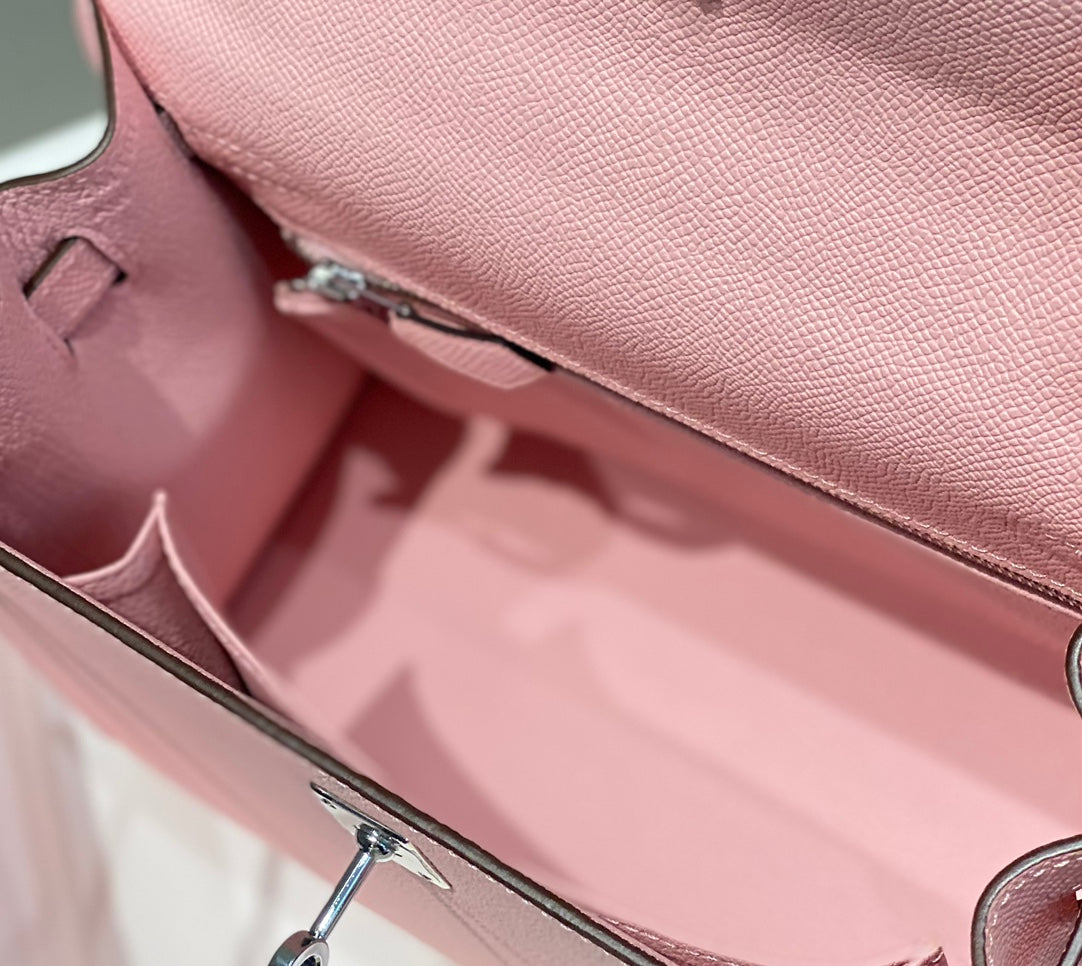 HERMES KELLY 25CM IN ROSE SAKURA SWIFT CALFSKIN SILVER HARDWARE