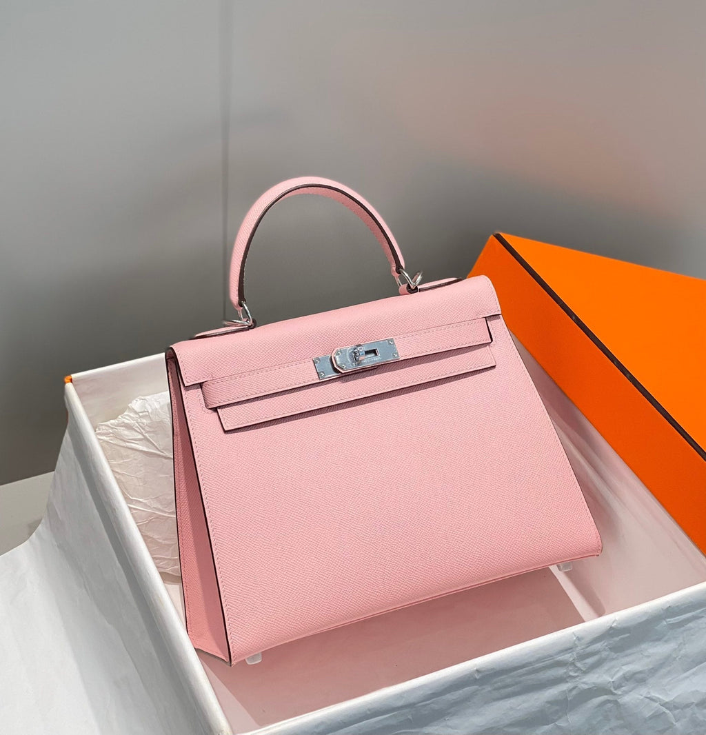 HERMES KELLY 28CM IN ROSE SAKURA SWIFT CALFSKIN SILVER HARDWARE