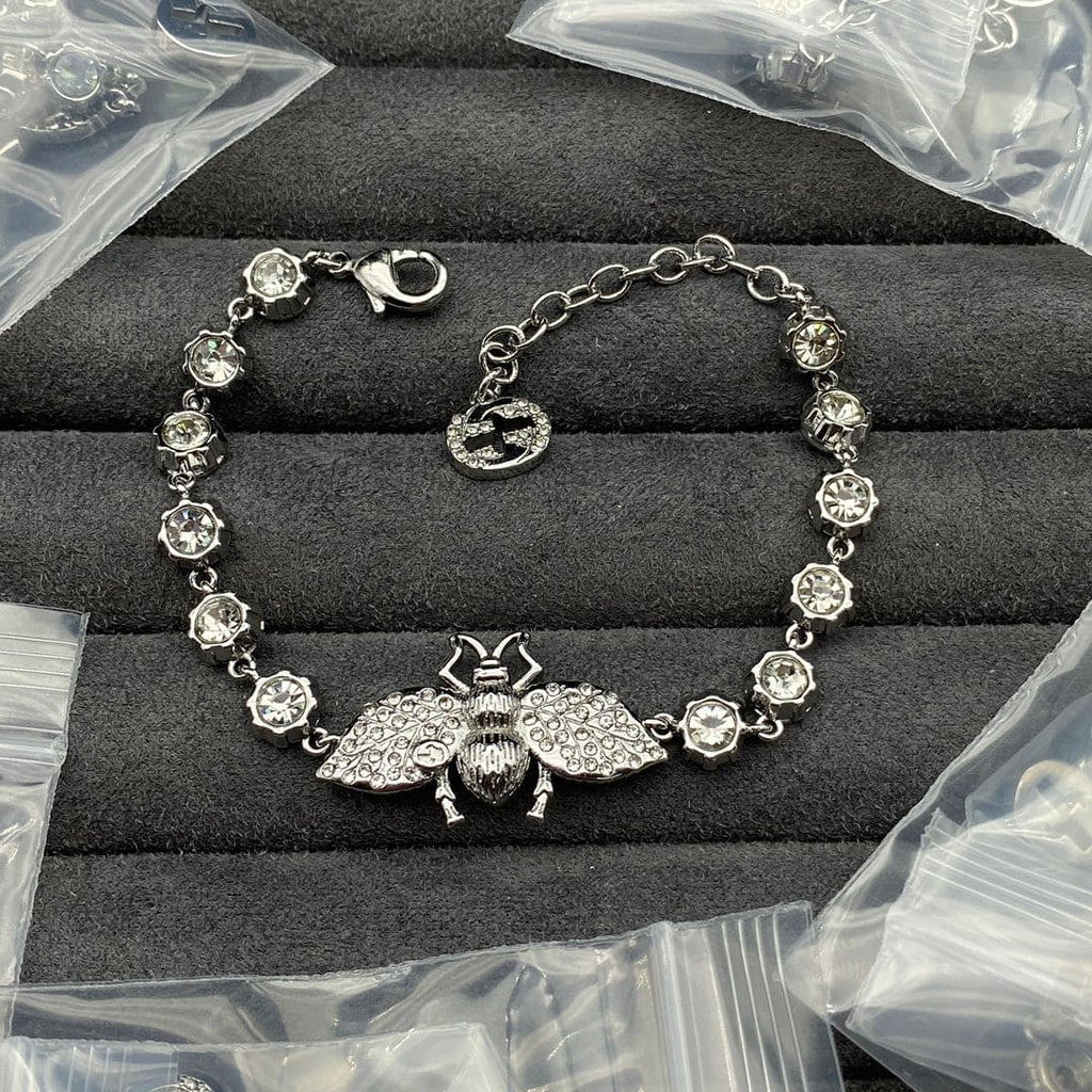 Double Gucci Interlocking Gucci Bee Crystals Bracelet