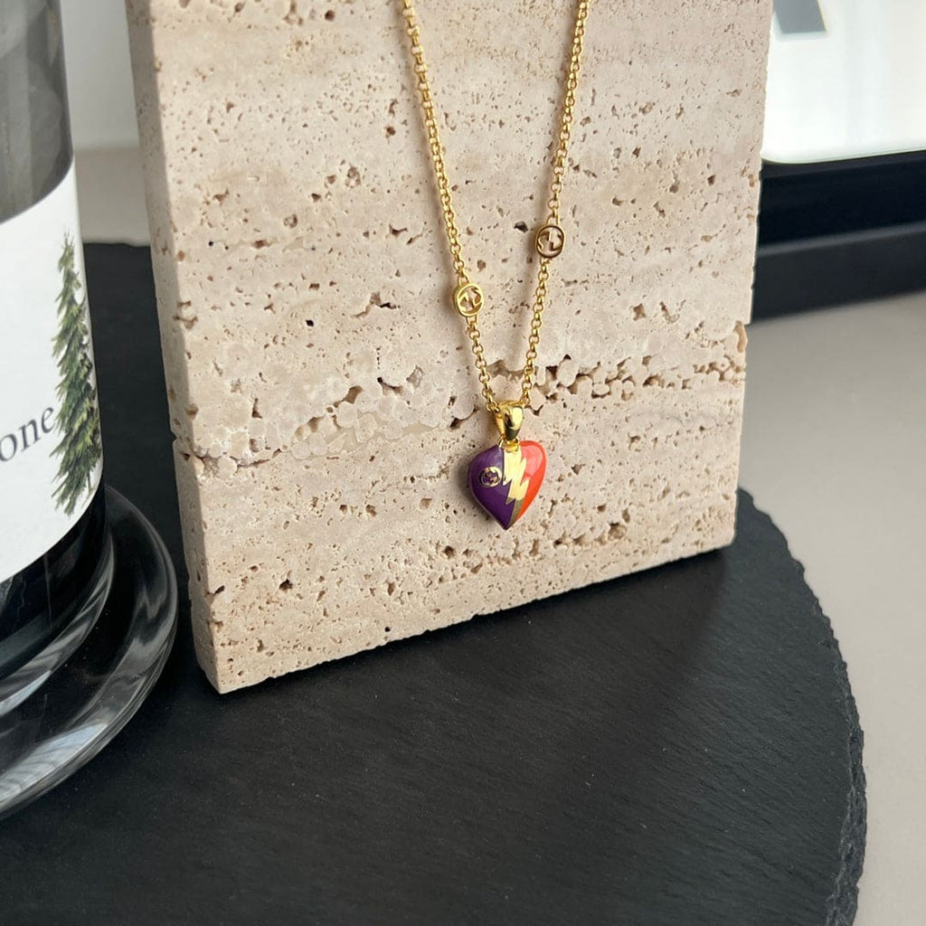 18K Double Gucci Interlocking Gucci Heart Lightning Charm Necklace