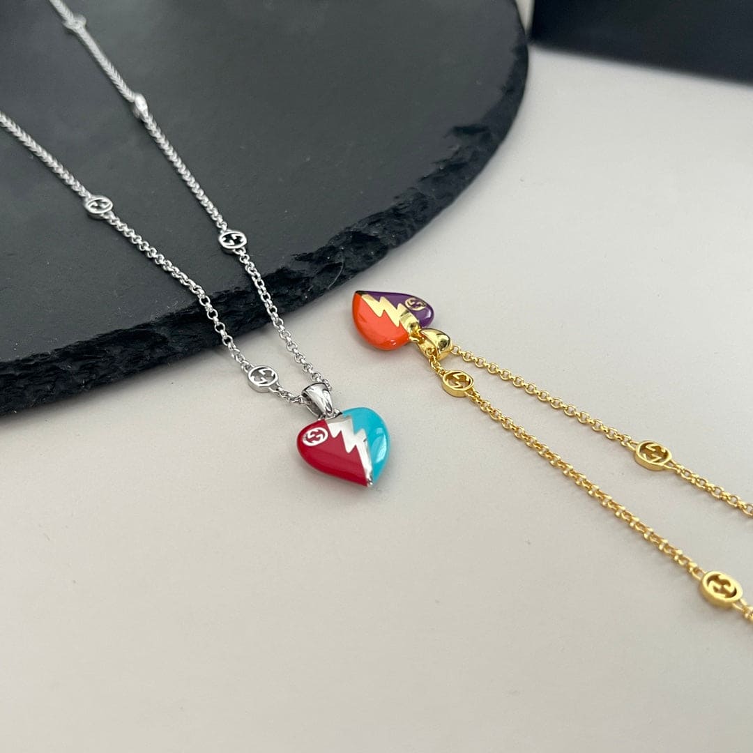 18K Double Gucci Interlocking Gucci Heart Lightning Charm Necklace