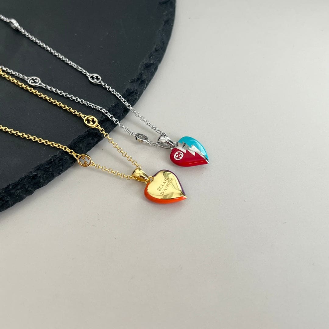 18K Double Gucci Interlocking Gucci Heart Lightning Charm Necklace