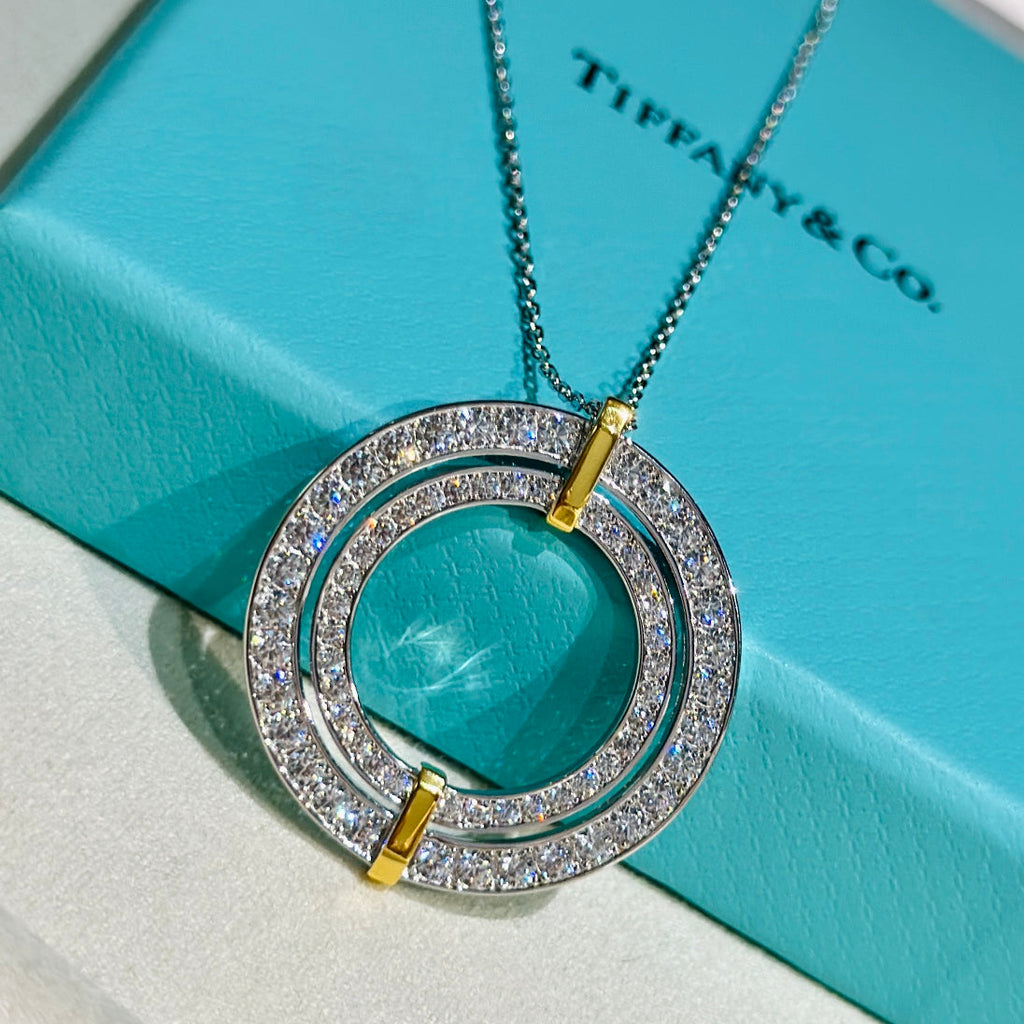 18K Tiffany Edge Circle Diamond Pendant Necklace