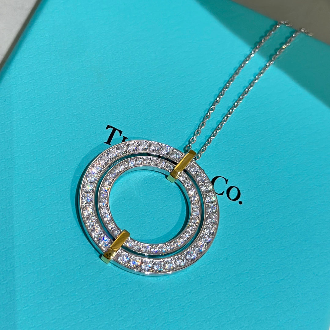 18K Tiffany Edge Circle Diamond Pendant Necklace
