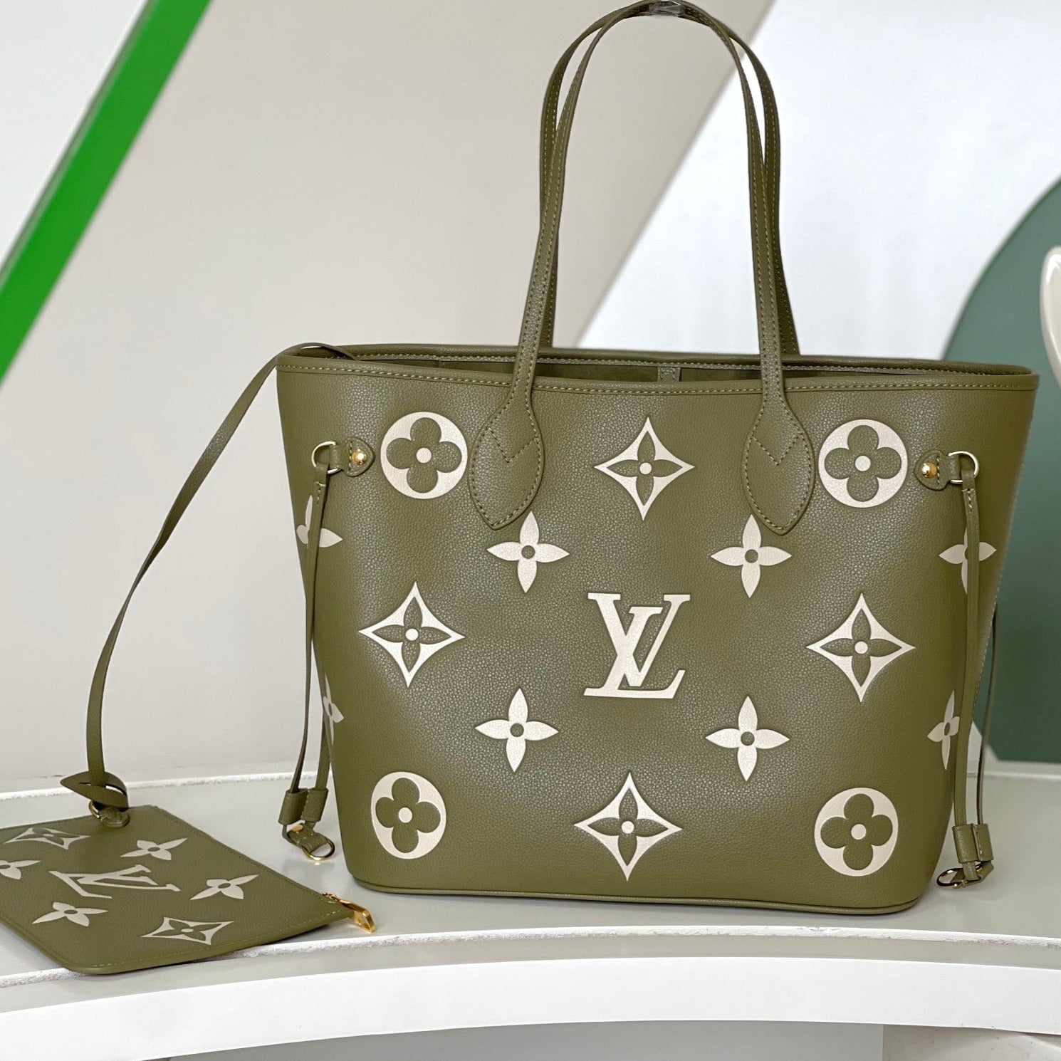 LOUIS VUITTON NEVERFULL MM 32 KHAKI CREAM MONOGRAM EMPREINTE LEATHER