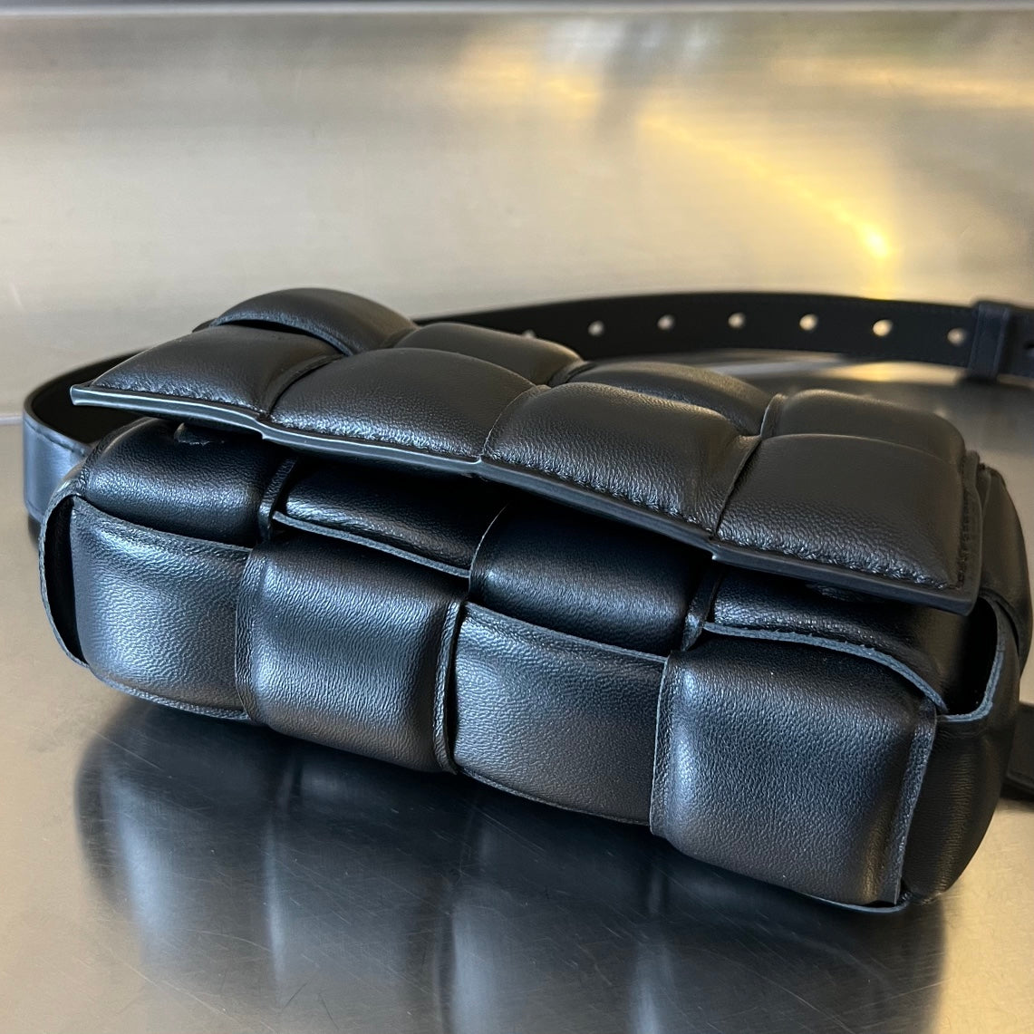 BOTTEGA VENETA MINI CASSETTE 18 IN BLACK LAMBSKIN