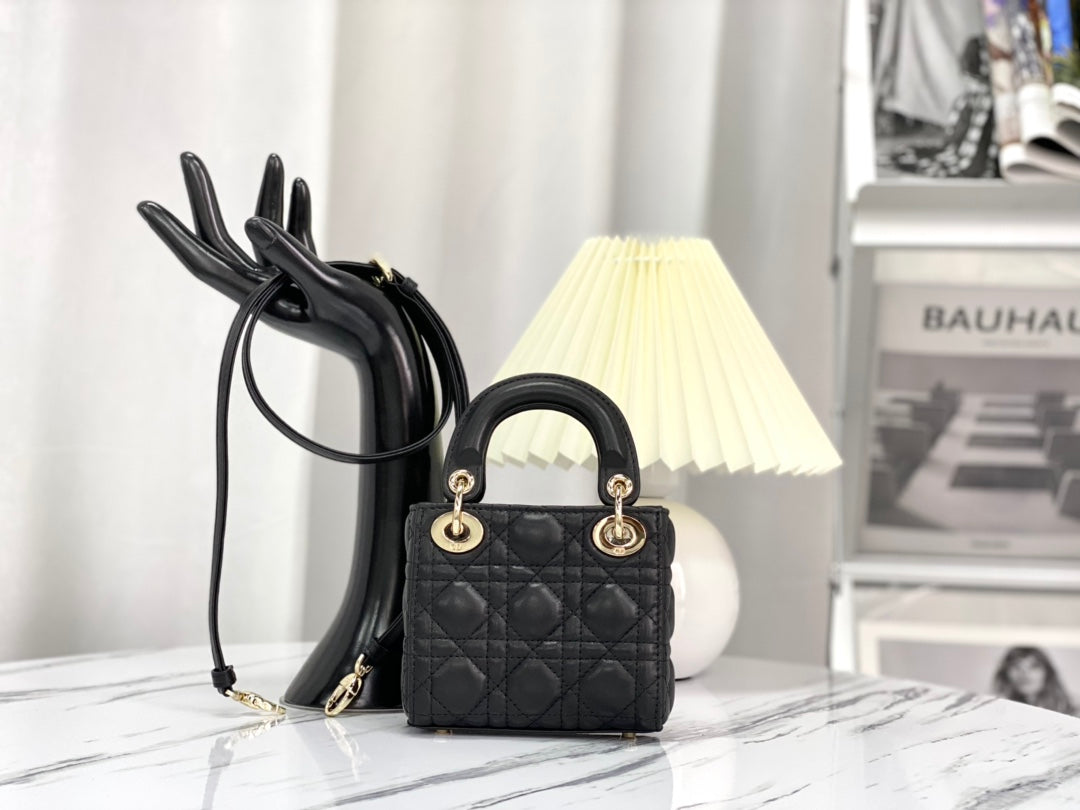 DIOR MICRO LADY 12 BAG IN BLACK LAMBSKIN