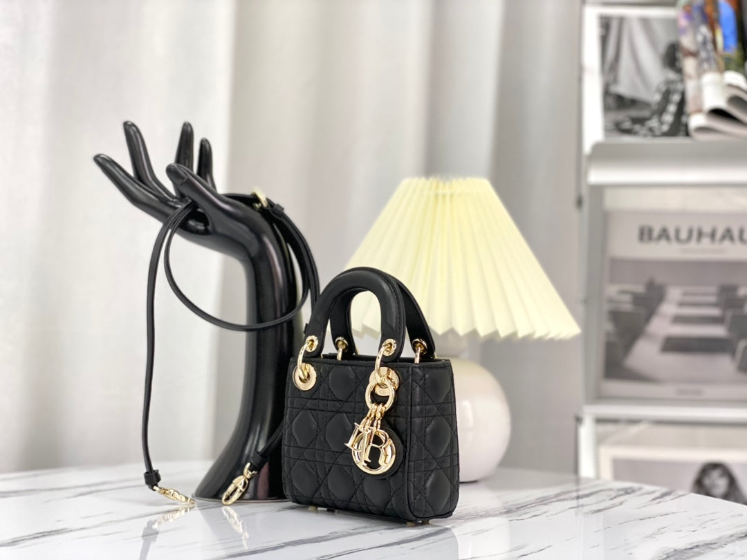 DIOR MICRO LADY 12 BAG IN BLACK LAMBSKIN