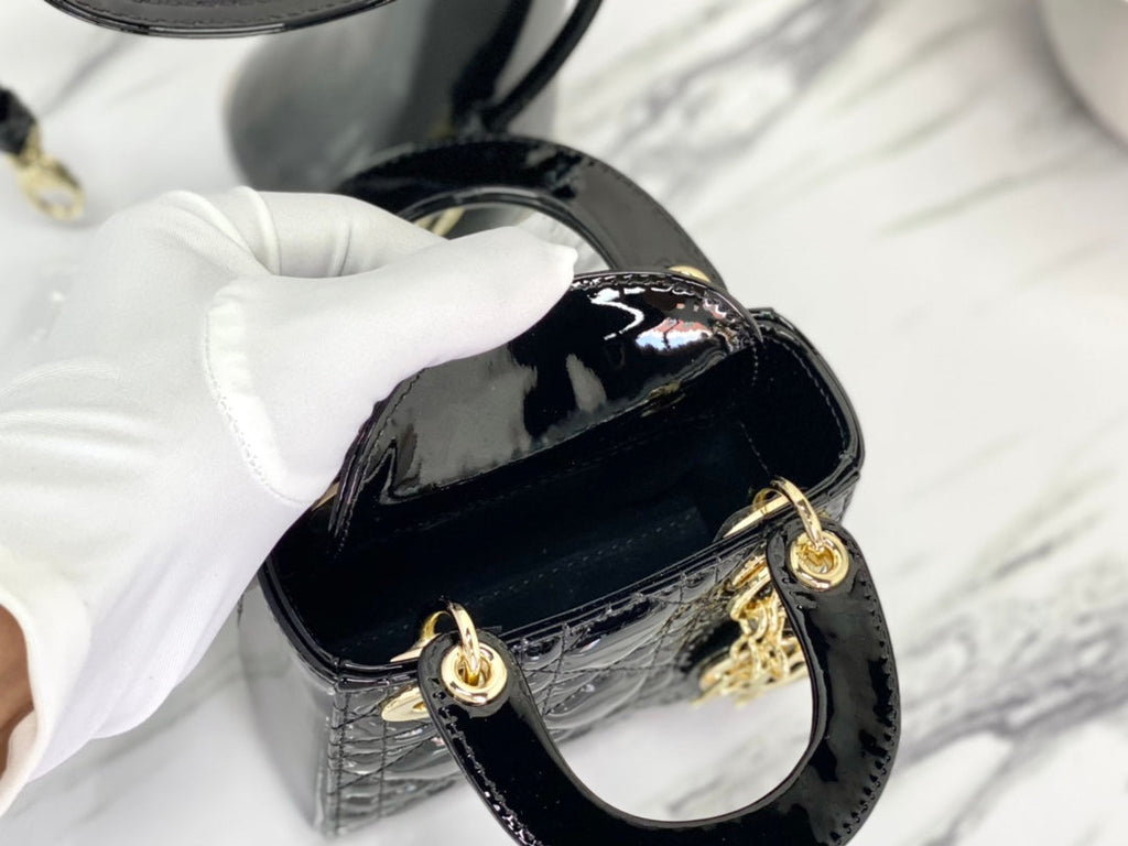 DIOR MICRO LADY 12 BAG IN GLOSSY BLACK LAMBSKIN