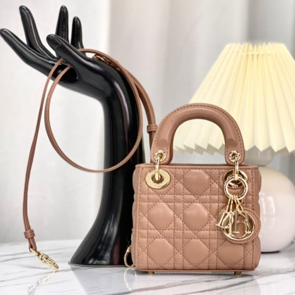 DIOR MICRO LADY 12 BAG IN CAMEL BEIGE LAMBSKIN