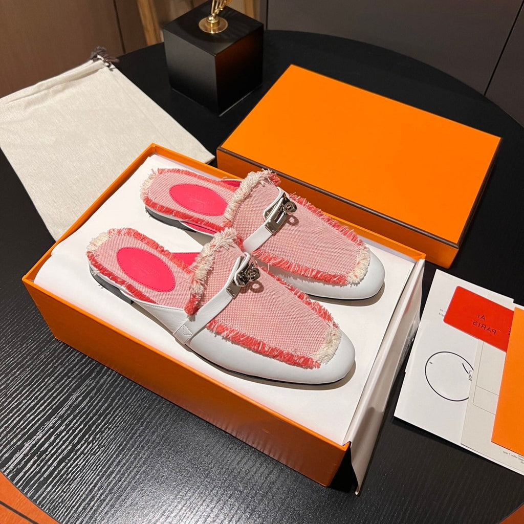 HERMES 0z Mule Beige Glaise / Framboise