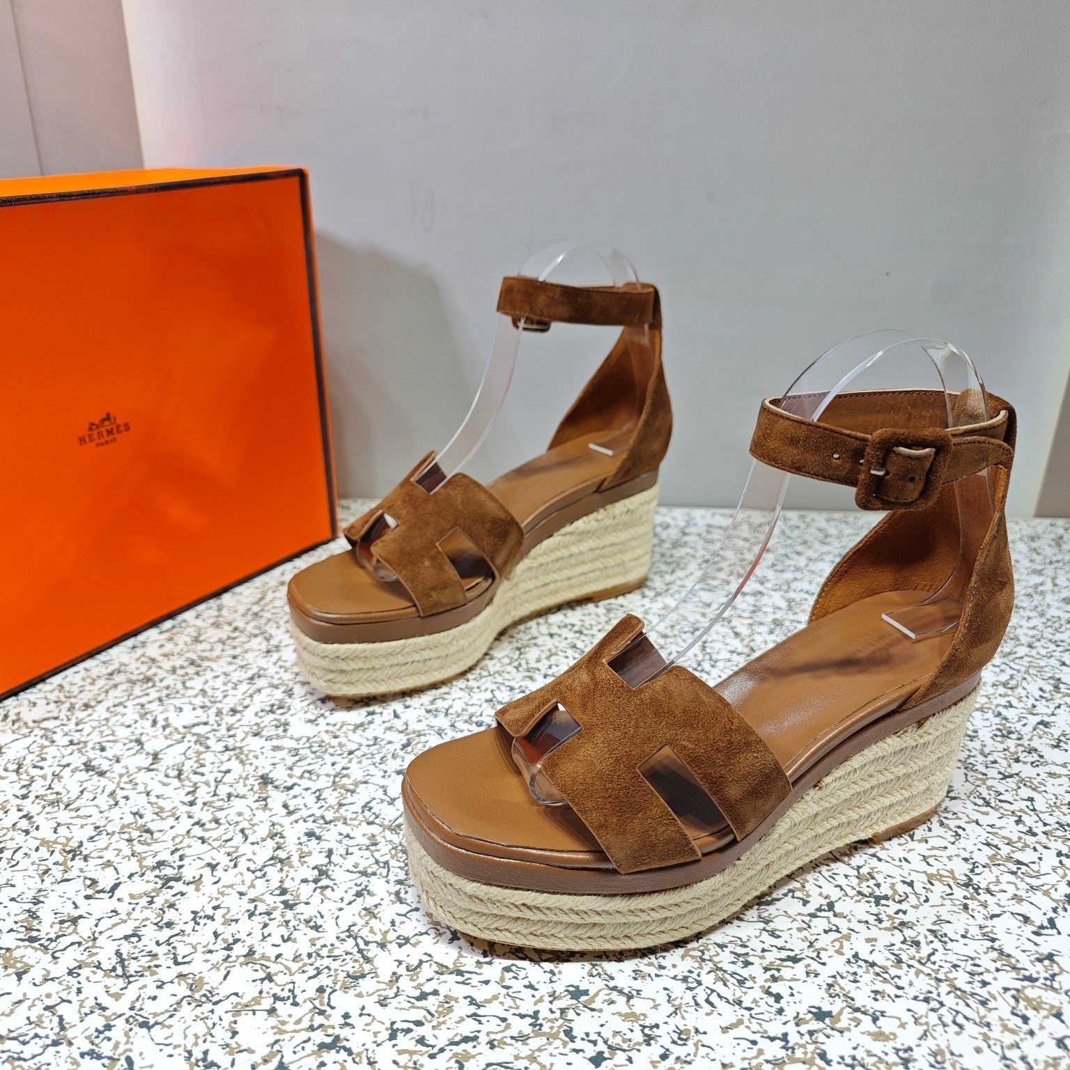 HERMES ELDA ESPADRILLE 80 BROWN SUEDE