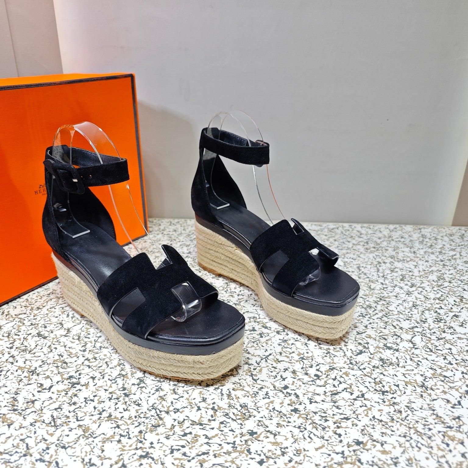 HERMES ELDA ESPADRILLE 80 BLACK SUEDE