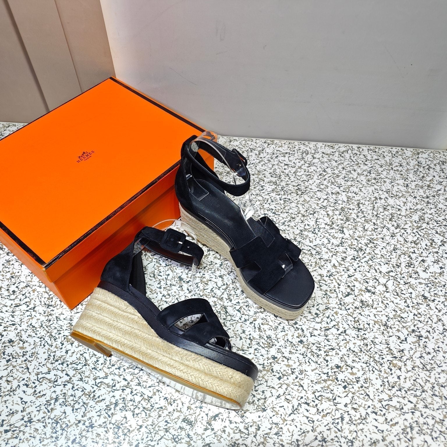 HERMES ELDA ESPADRILLE 80 BLACK SUEDE