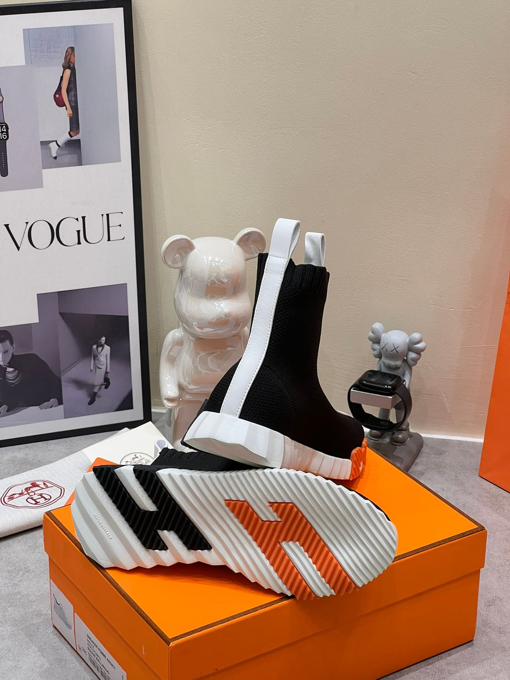 HERMES H FUN CLASSIC SNEAKER STYLISH BLACK AND WHITE LINE FABRIC