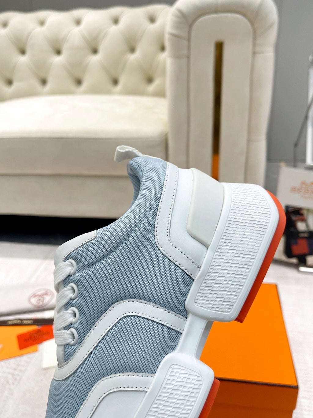 HERMES GIGA SNEAKER IN POWDER BLUE STITCHED MESH AND WHITE CALFSKIN