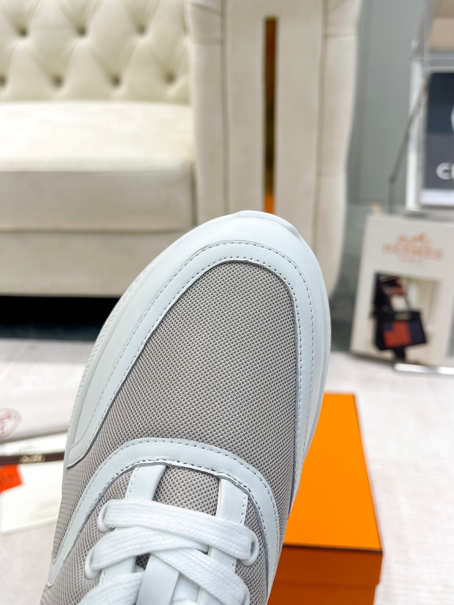 HERMES GIGA SNEAKER IN HARBOR GRAY STITCHED MESH AND WHITE CALFSKIN