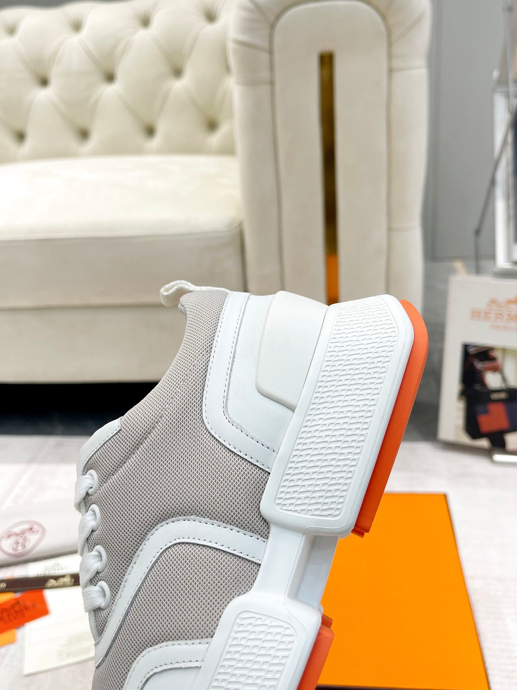 HERMES GIGA SNEAKER IN HARBOR GRAY STITCHED MESH AND WHITE CALFSKIN