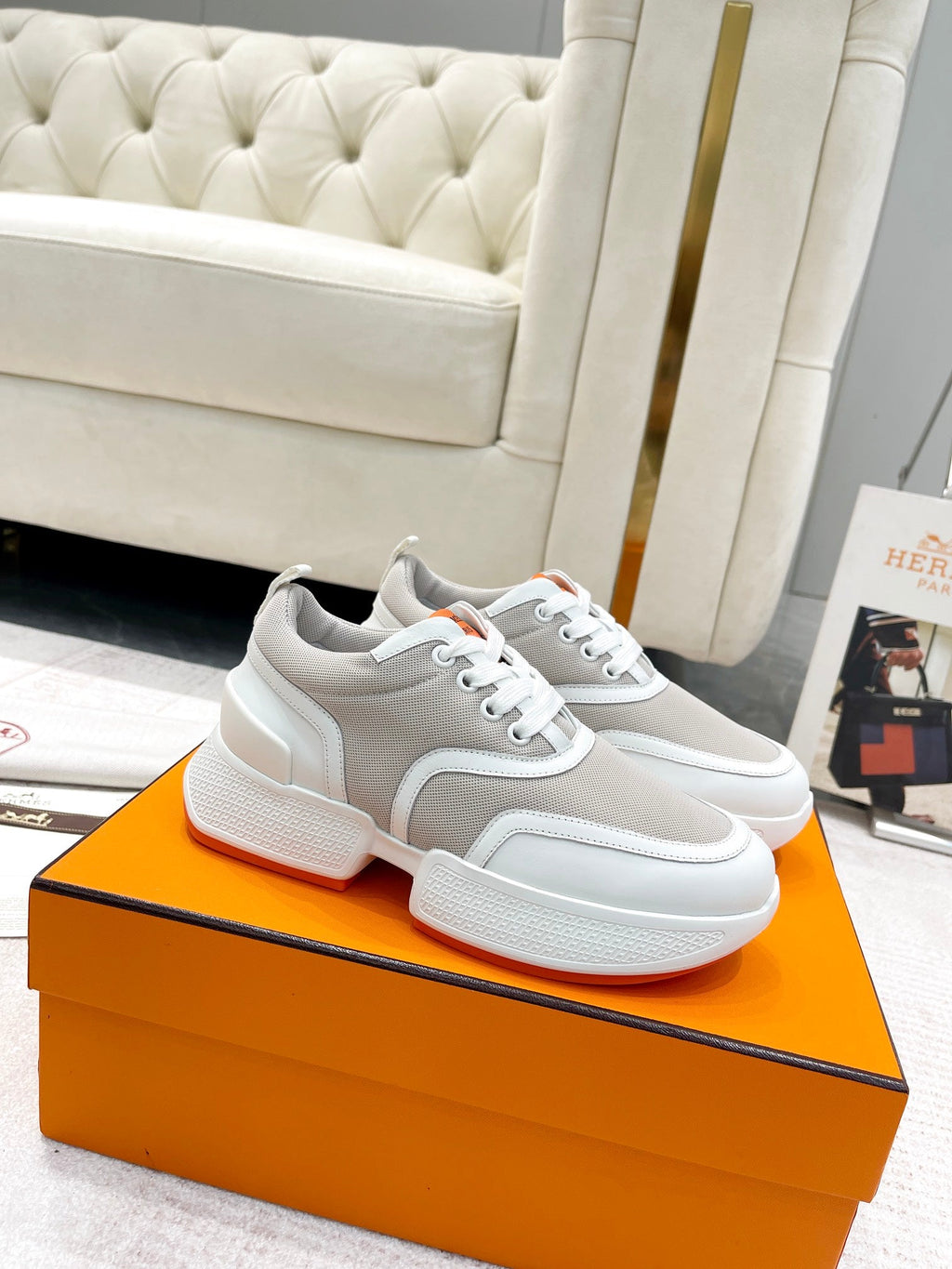 HERMES GIGA SNEAKER IN HARBOR GRAY STITCHED MESH AND WHITE CALFSKIN