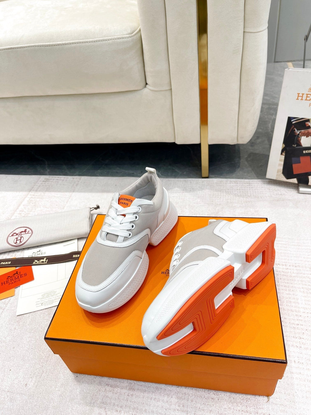 HERMES GIGA SNEAKER IN HARBOR GRAY STITCHED MESH AND WHITE CALFSKIN
