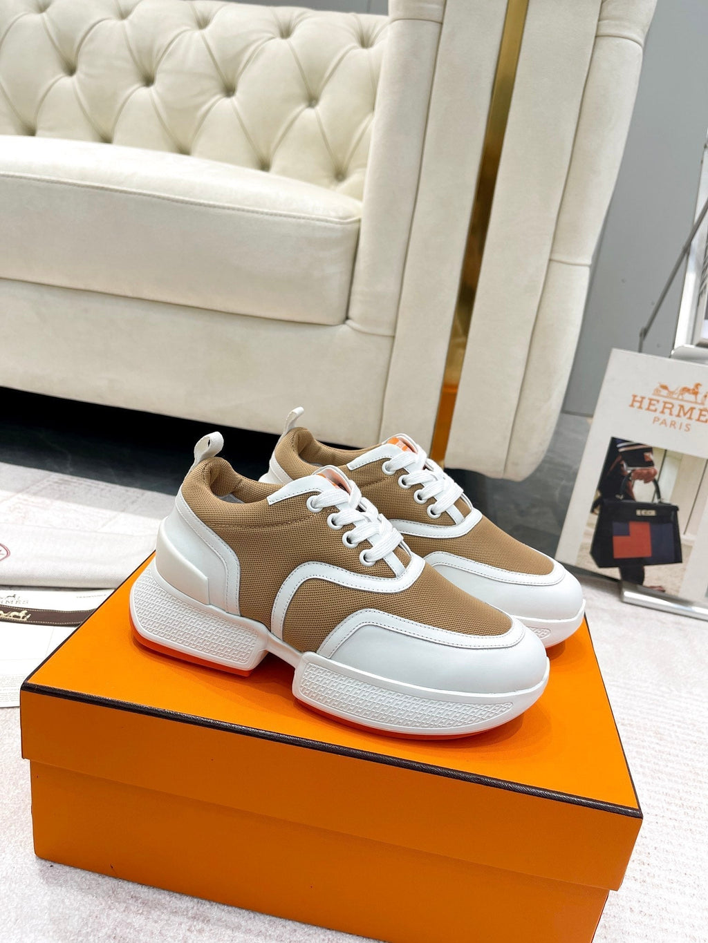HERMES GIGA SNEAKER IN CIDER BROWN STITCHED MESH AND WHITE CALFSKIN