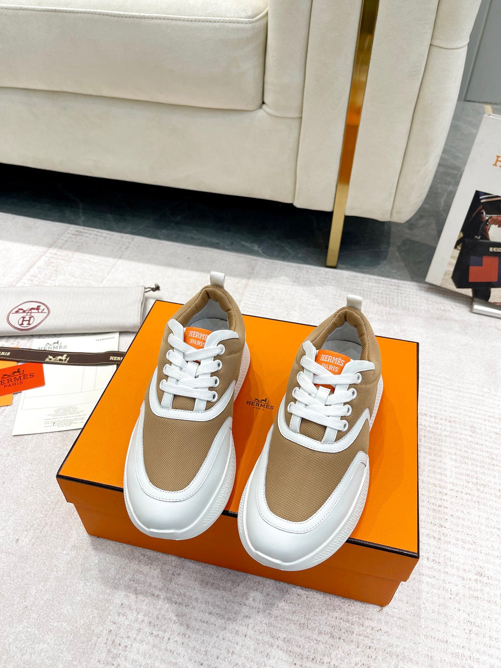 HERMES GIGA SNEAKER IN CIDER BROWN STITCHED MESH AND WHITE CALFSKIN