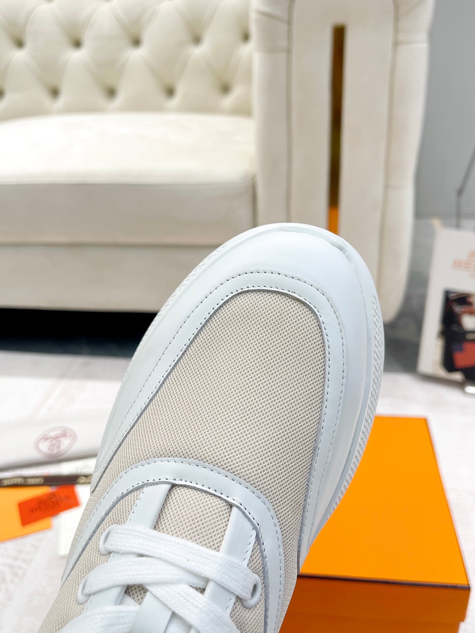 HERMES GIGA SNEAKER IN TAN BROWN STITCHED MESH AND WHITE CALFSKIN
