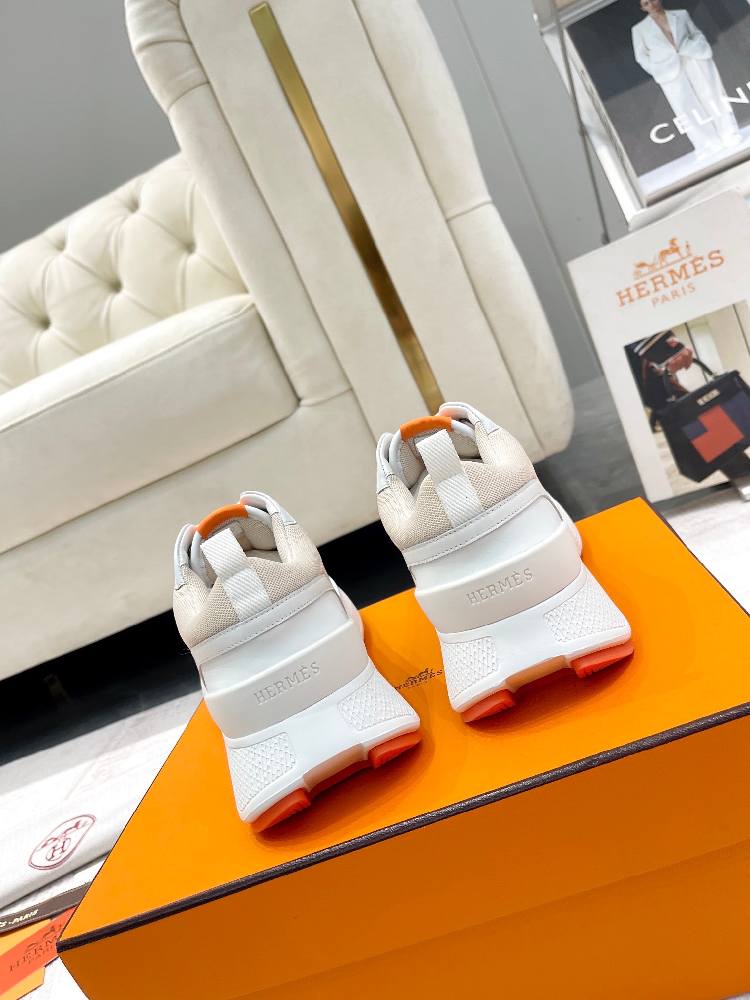 HERMES GIGA SNEAKER IN TAN BROWN STITCHED MESH AND WHITE CALFSKIN
