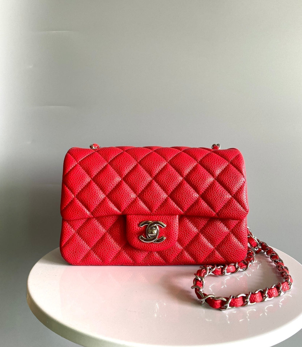 CHANEL MINI RECTANGLE FLAP BAG 20CM RED CAVIAR SILVER HARDWARE