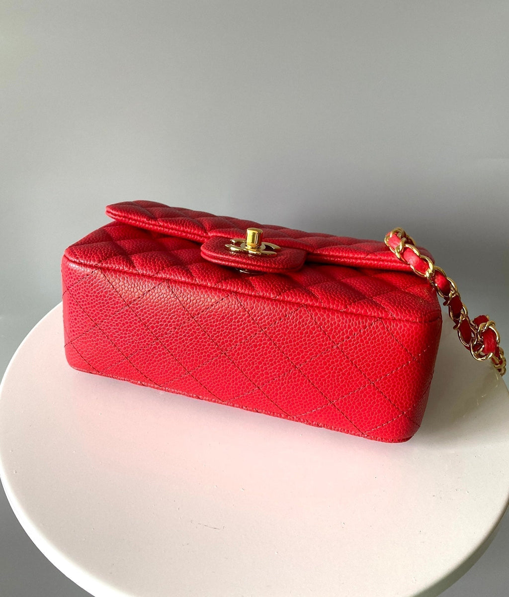 CHANEL MINI RECTANGLE FLAP BAG 20CM RED CAVIAR GOLD HARDWARE