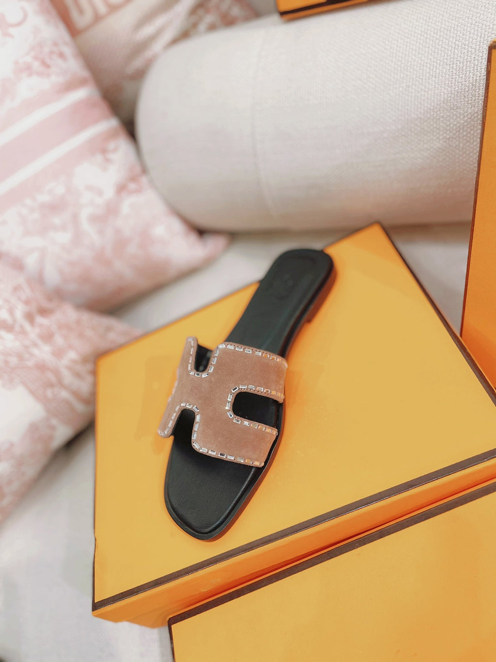 HERMES 0ran Sandal Calfskin Rhinestone Brown