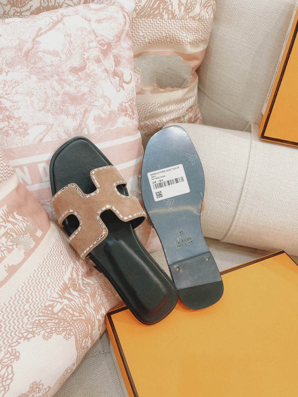 HERMES 0ran Sandal Calfskin Rhinestone Brown