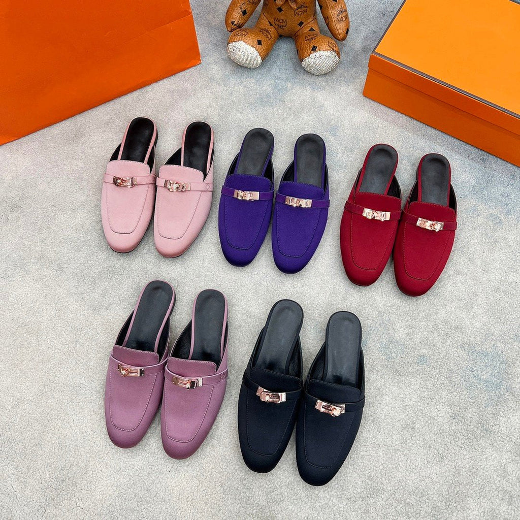 HERMES 0Z Mule Violet Silk Thick Cloth/Sheepskin