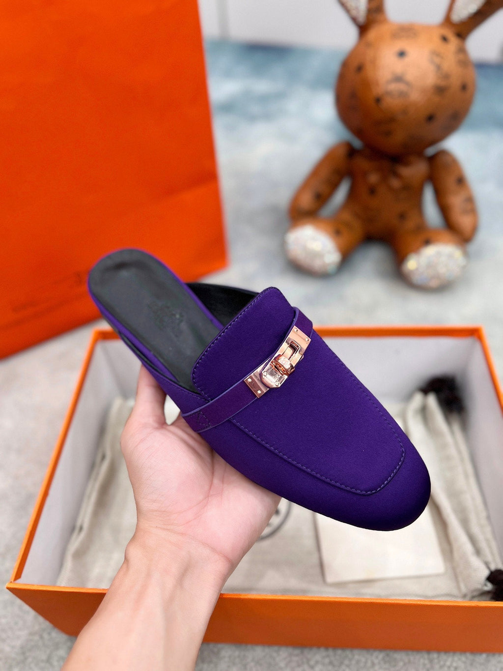 HERMES 0Z Mule Violet Silk Thick Cloth/Sheepskin