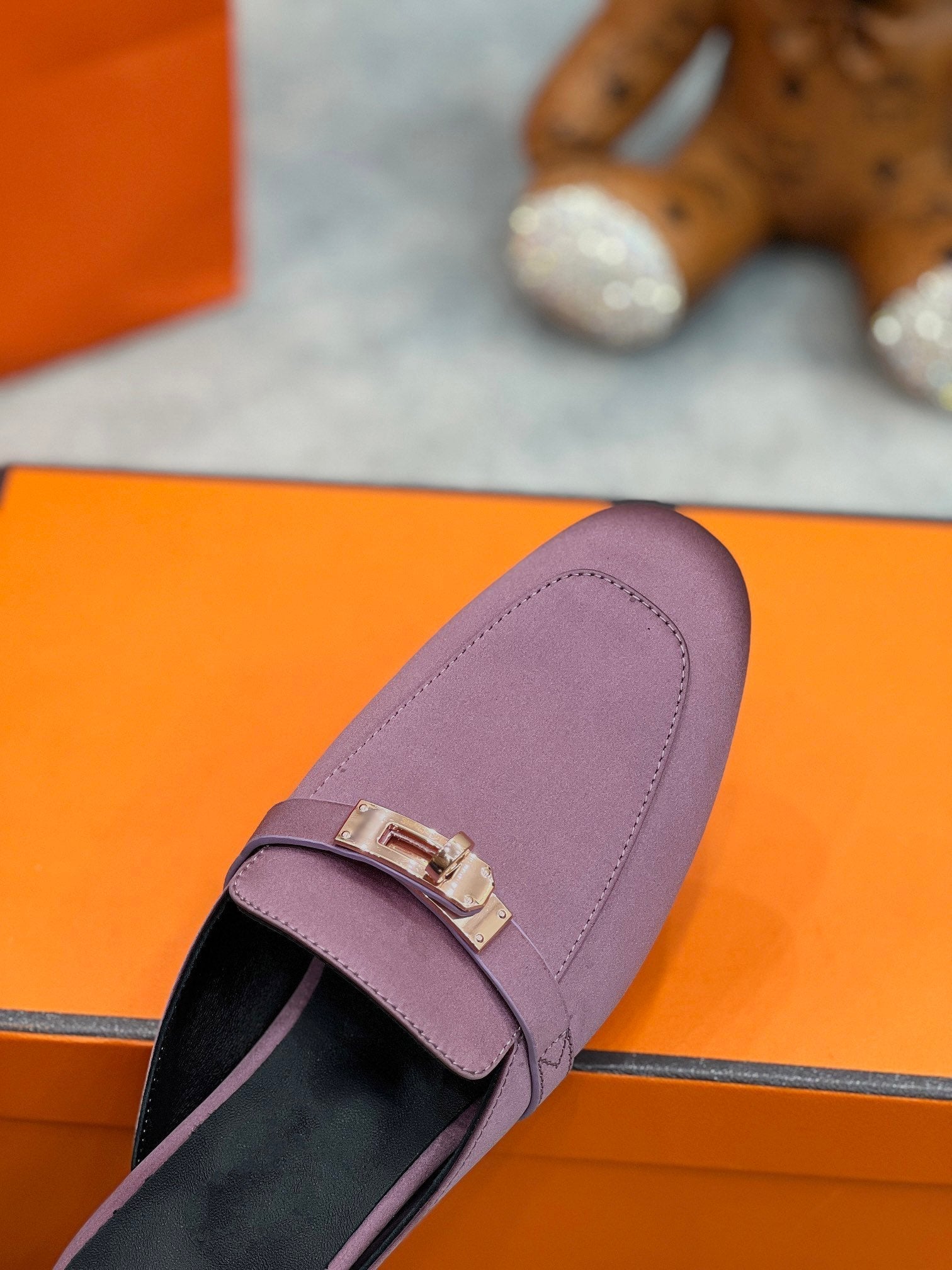 HERMES 0Z Mule Purple Silk Thick Cloth/Sheepskin