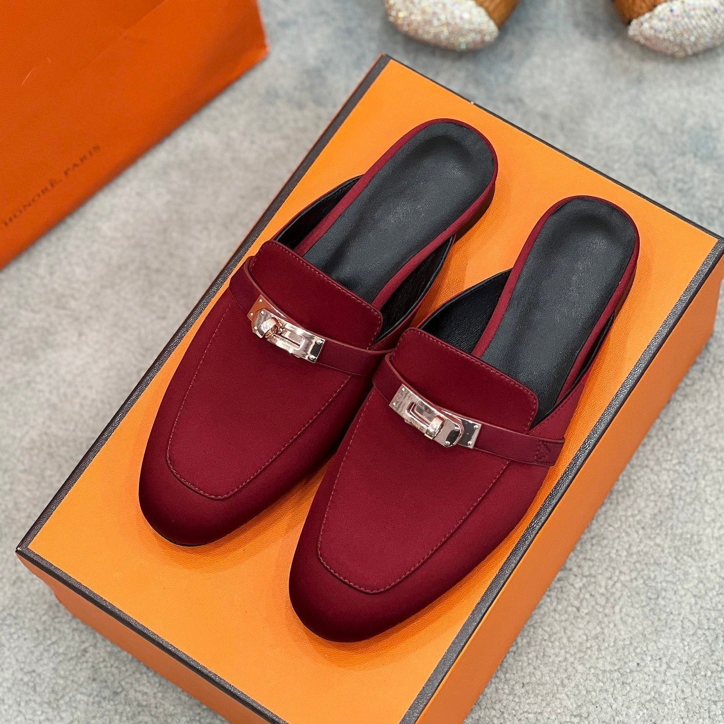 HERMES 0Z Mule Cherry Silk Thick Cloth/Sheepskin