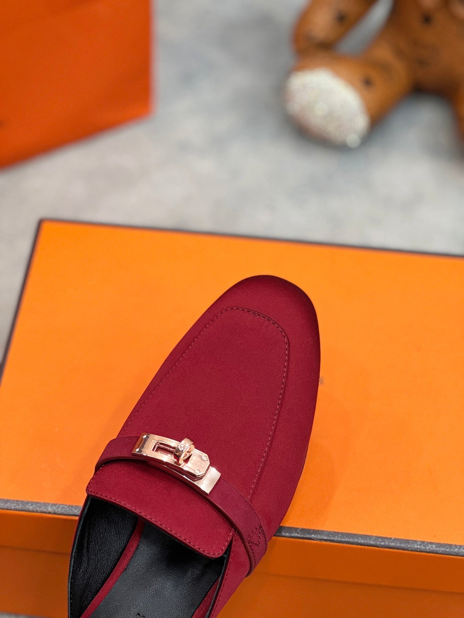 HERMES 0Z Mule Cherry Silk Thick Cloth/Sheepskin