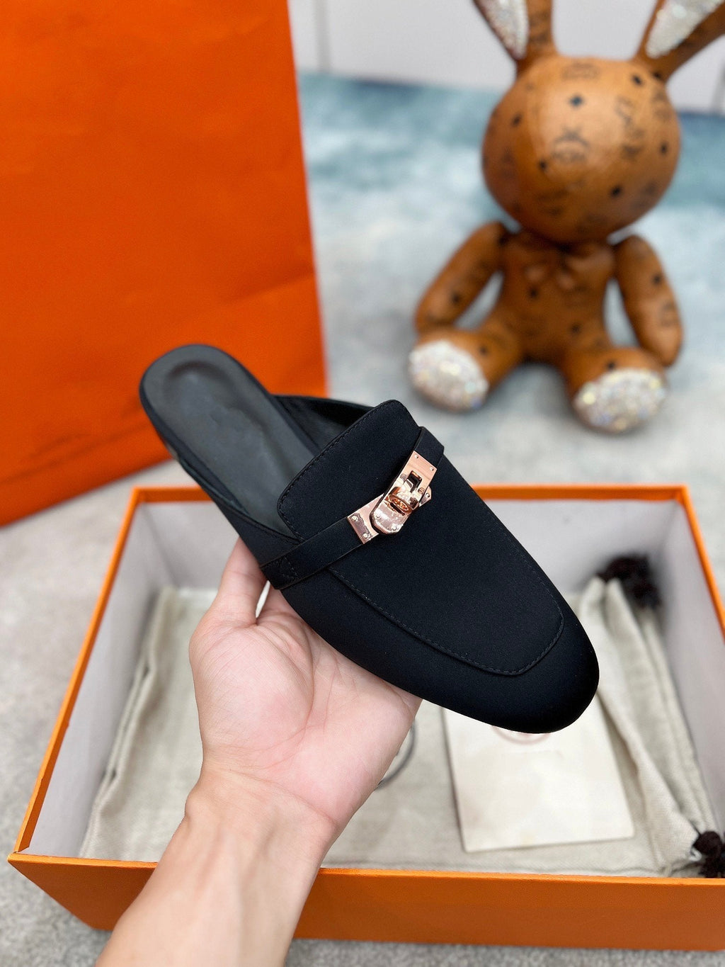 HERMES 0Z Mule Black Silk Thick Cloth/Sheepskin